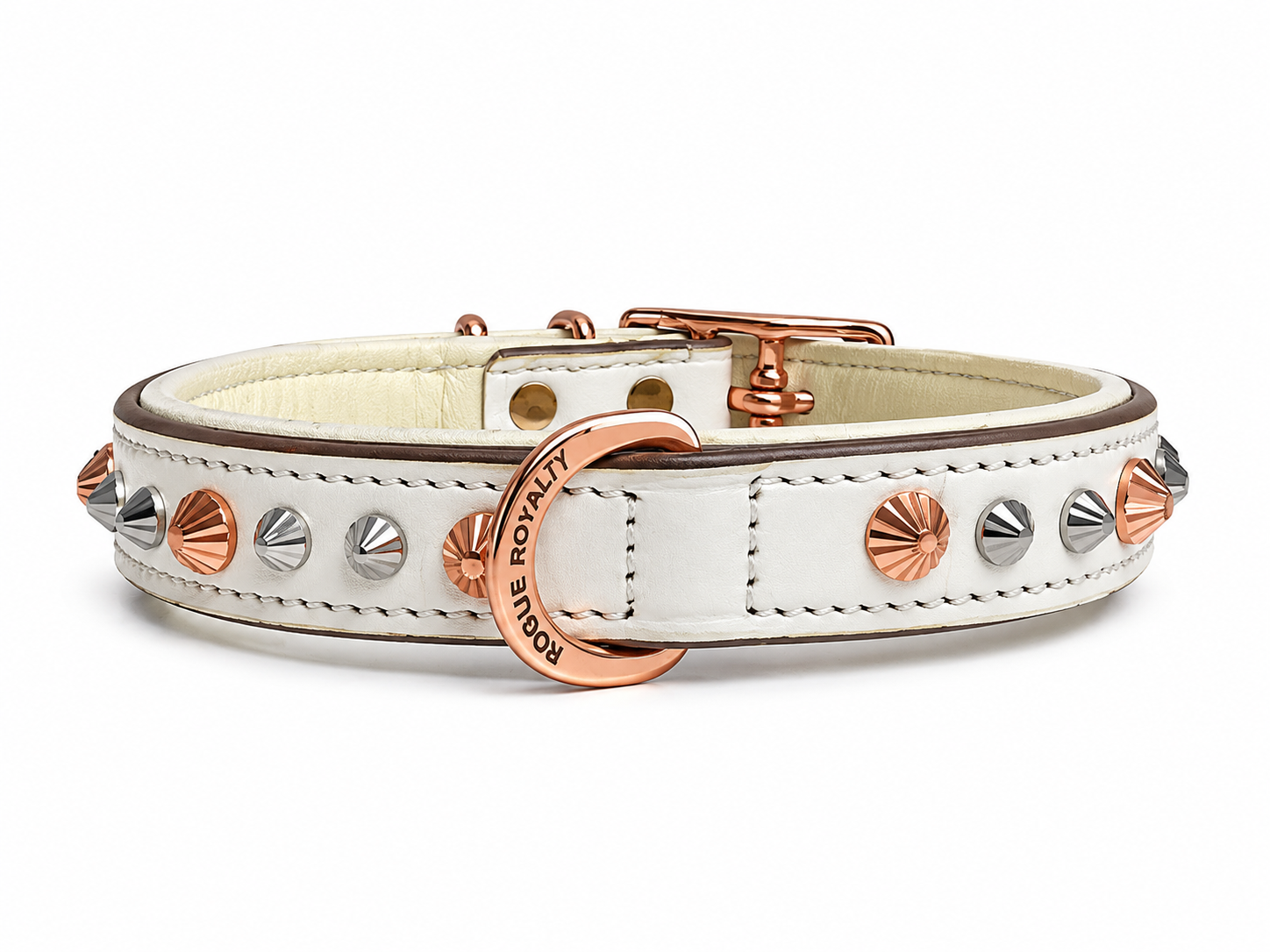 Hand Made Leather Dog Collar- Iced Out Rose Gold (Slim Fit)