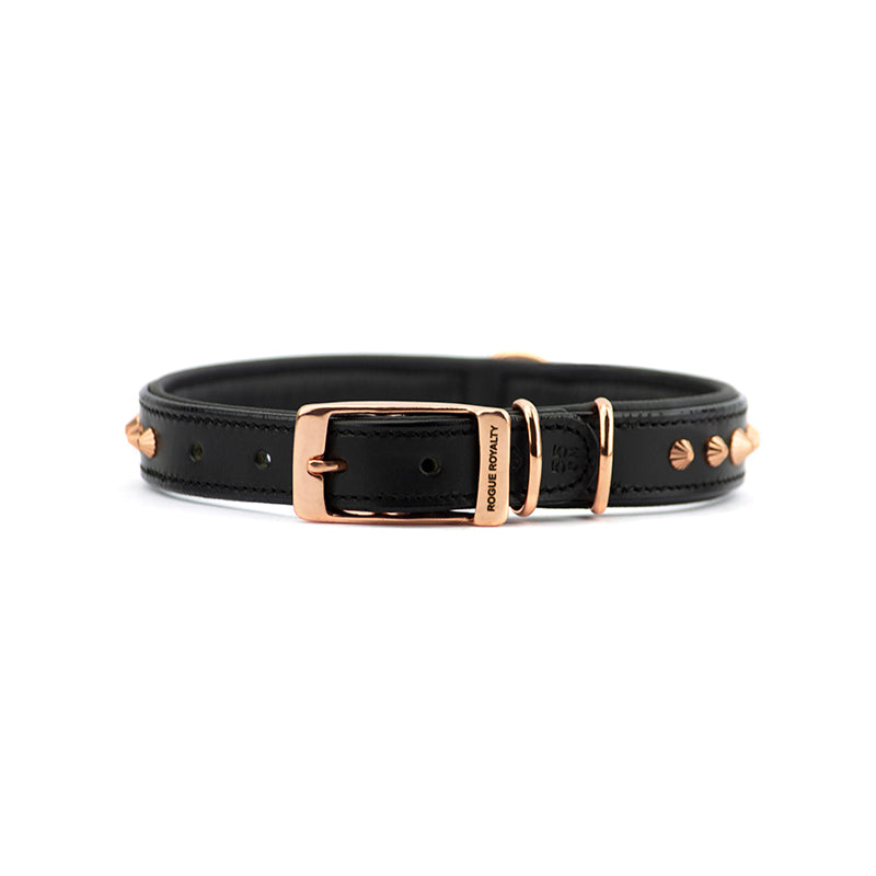 Hand Made Leather Dog Collar - Ruthless Black & Rose Gold (Slim Fit)
