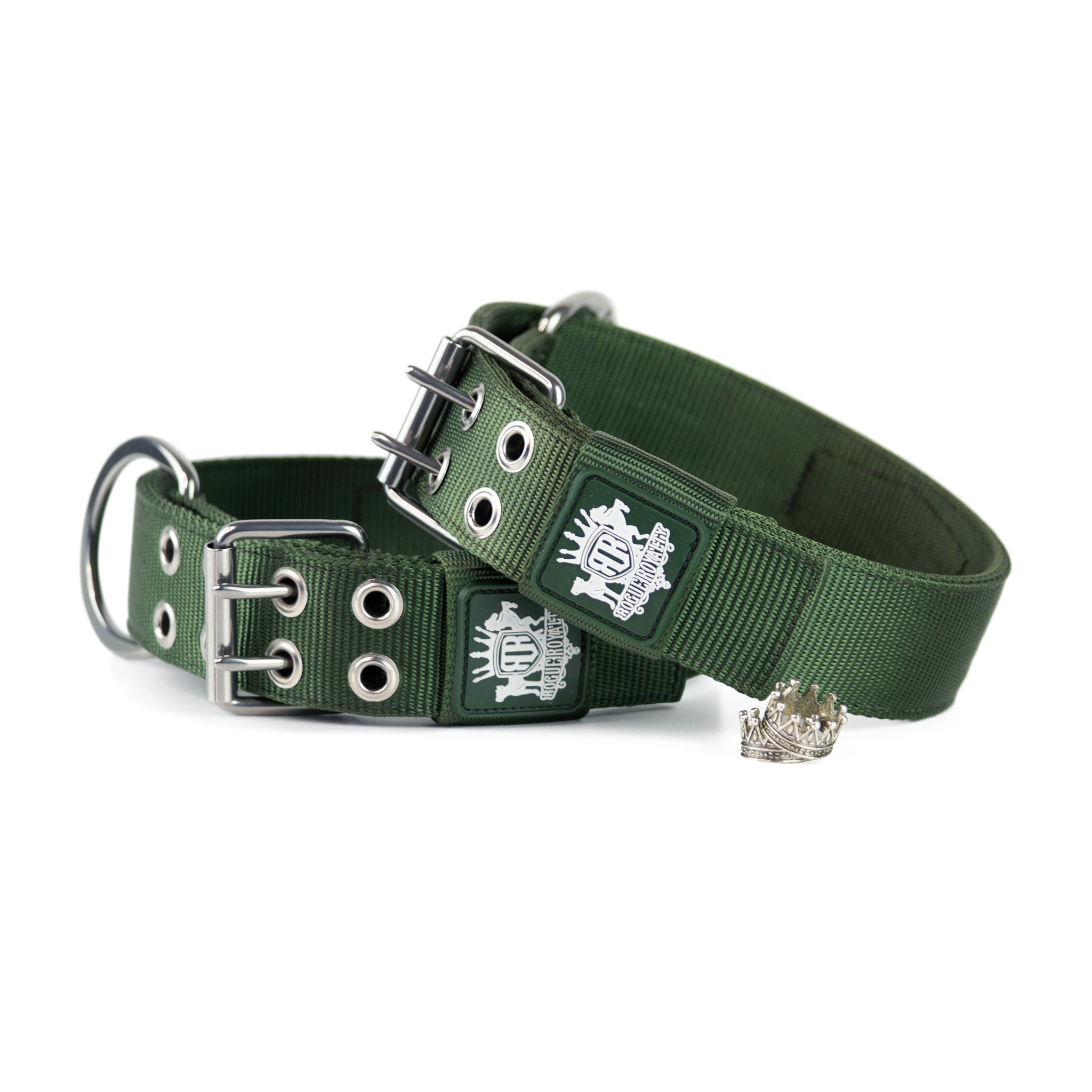 Two green dog collars with metal buckles and decorative elements on a white background