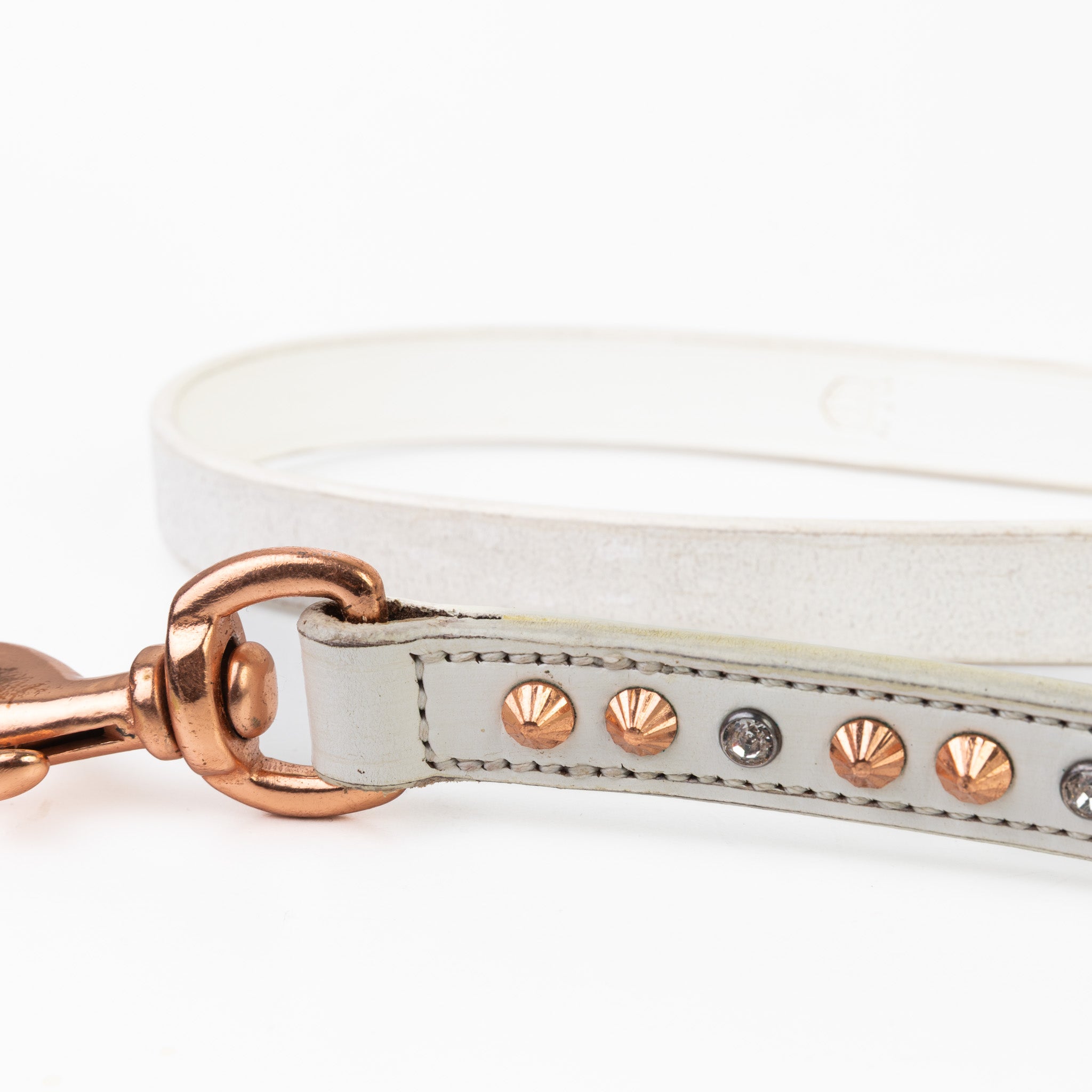 Leather Dog Leash - Imperial White Crystal & Rose Gold Leash (Slimline)
