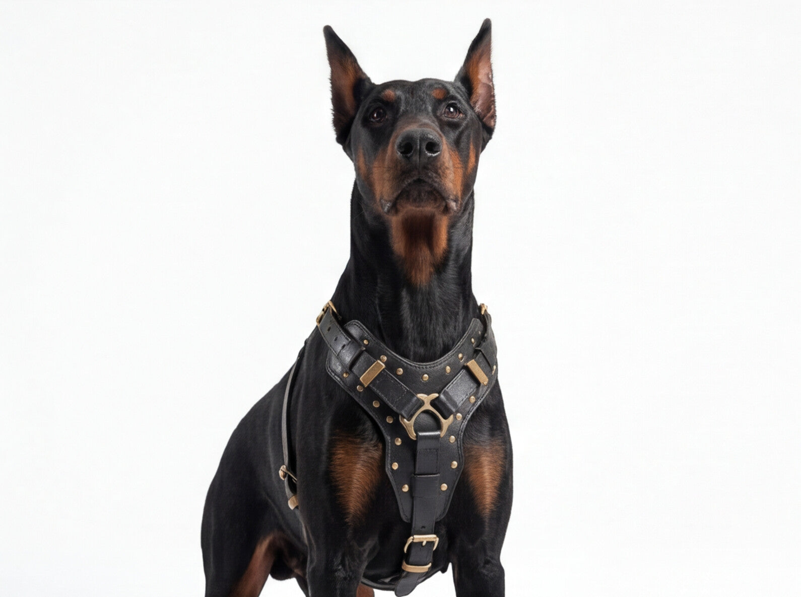 Leather Dog Harness - "Attila" Black & Brass