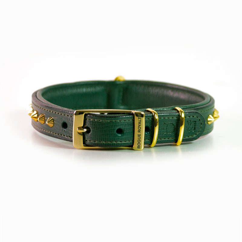 Hand Made Leather Dog Collar - Ruthless Green & Gold (Slim Fit)