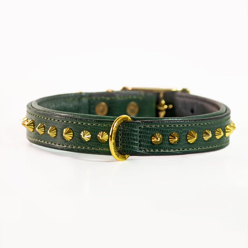 Hand Made Leather Dog Collar - Ruthless Green & Gold (Slim Fit)