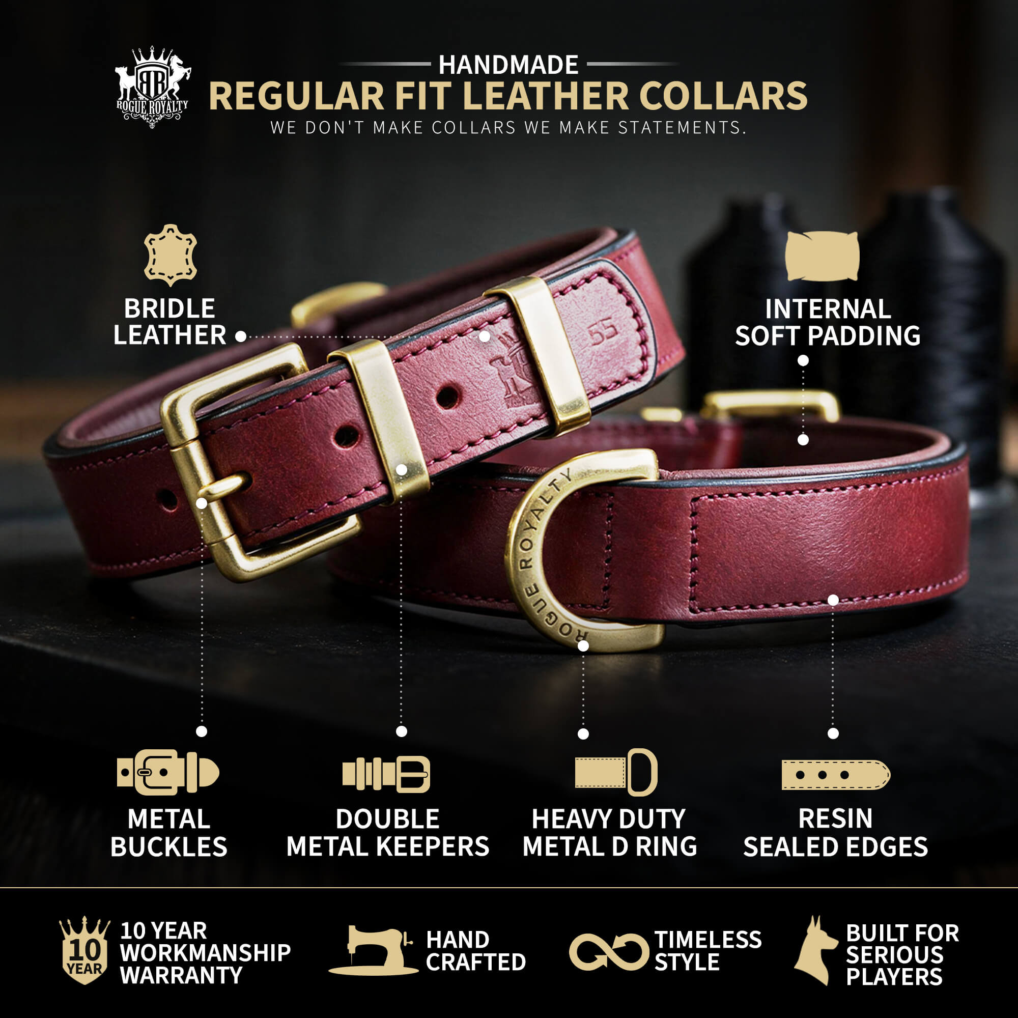 Hand Made Leather Dog Collar - Classic Buckskin & Chrome (Regular Fit)