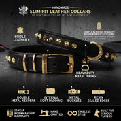 Black slim-fit leather dog collars with gold-tone hardware and studs, shown on with feature callouts and text highlighting materials and dog collar construction.
