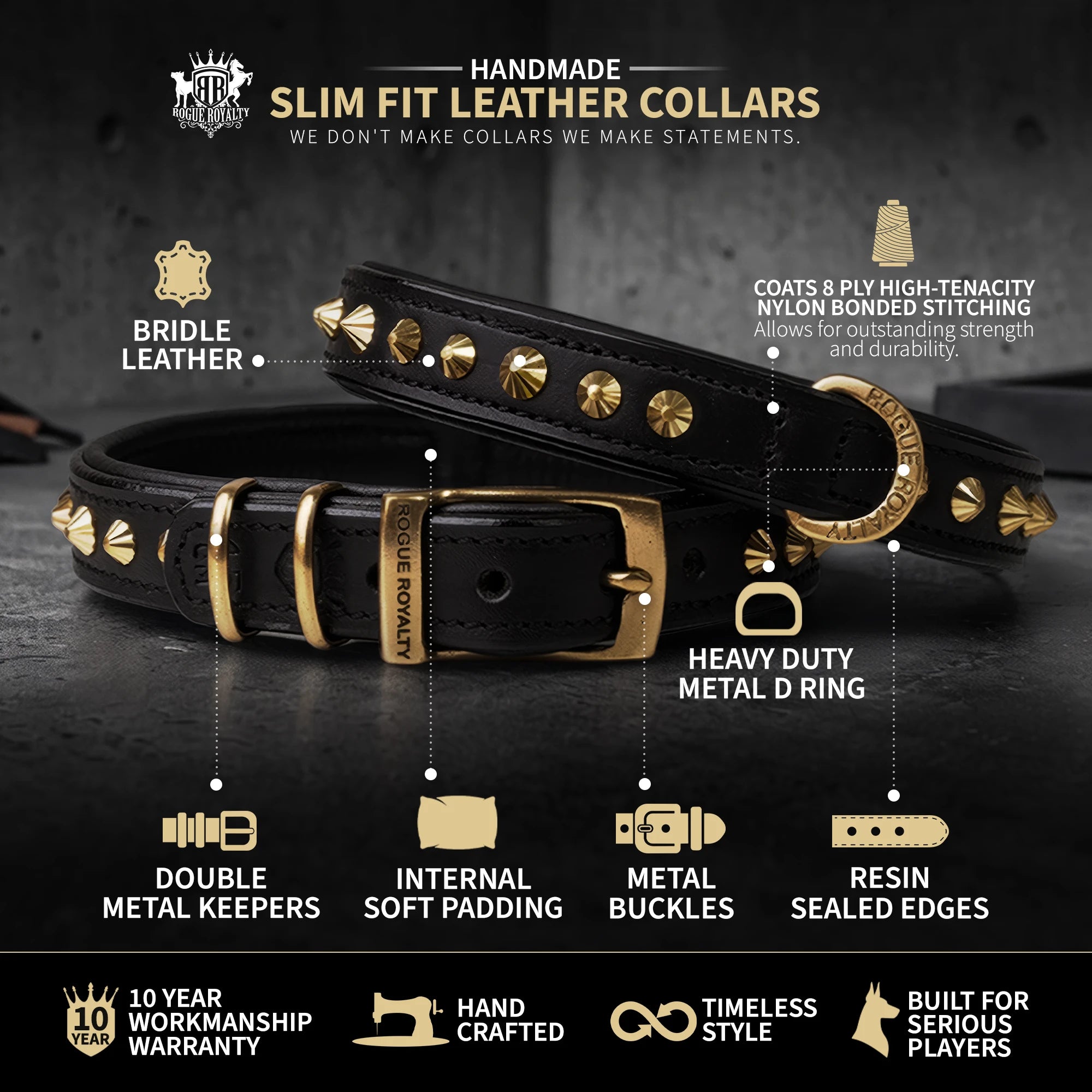 Black slim-fit leather dog collars with gold-tone hardware and studs, shown on with feature callouts and text highlighting materials and dog collar construction.