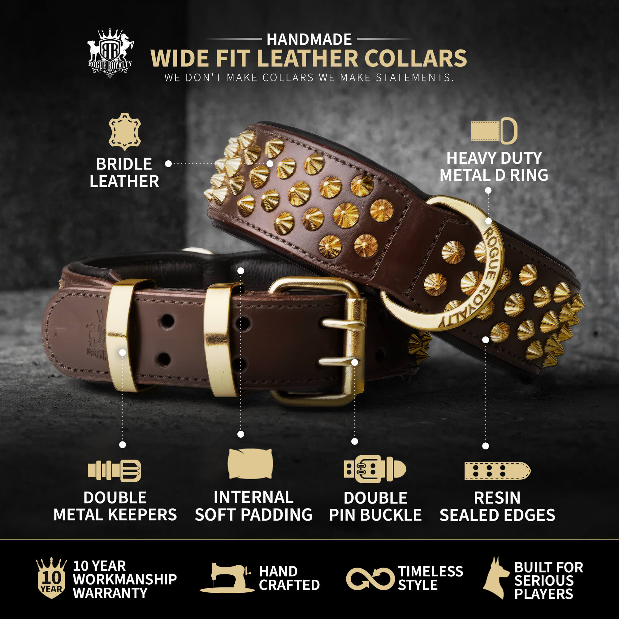 Hand Made Leather Dog Collar - Ruthless Black & Brass (Wide Fit)