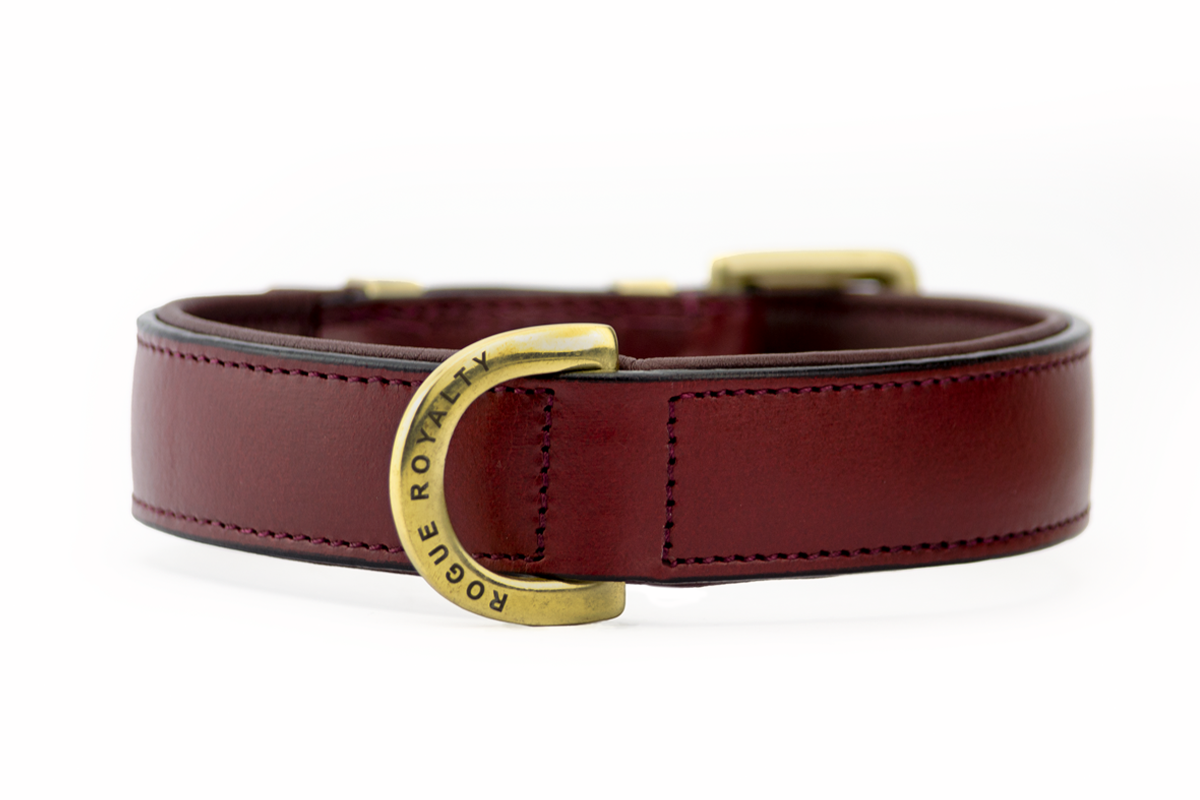front view of cherry (deep maroon) hand made leather dog collar