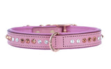 Hand Made Leather Dog Collar - Baby Pink Crystal & Rose Gold (Slim Fit)